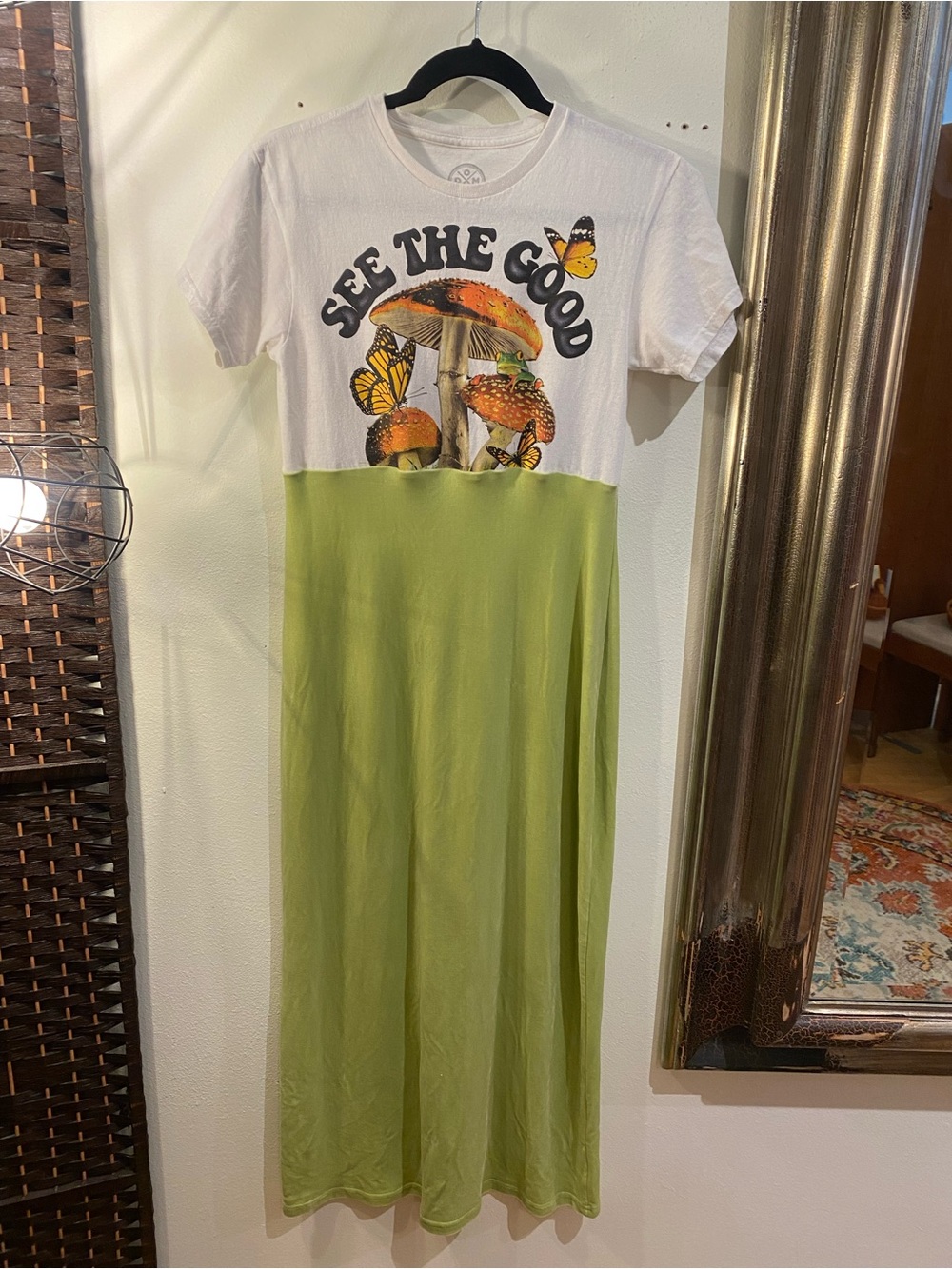OOAK Upcycled See The Good White & Green Graphic Velvet Maxi Dress